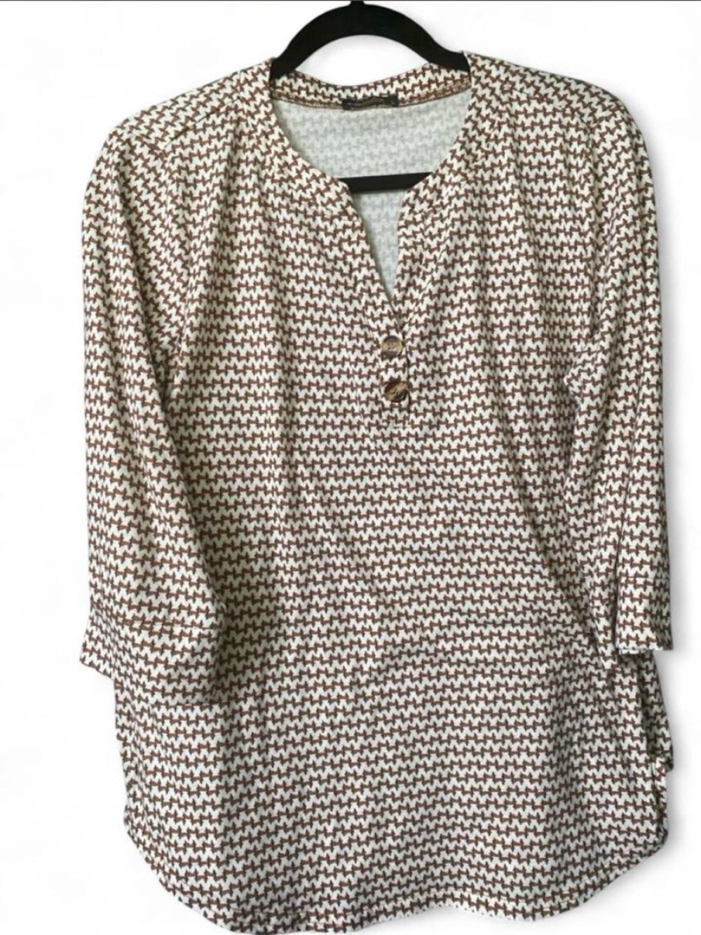Womens Brown & White Patterned Henley Tunic Top